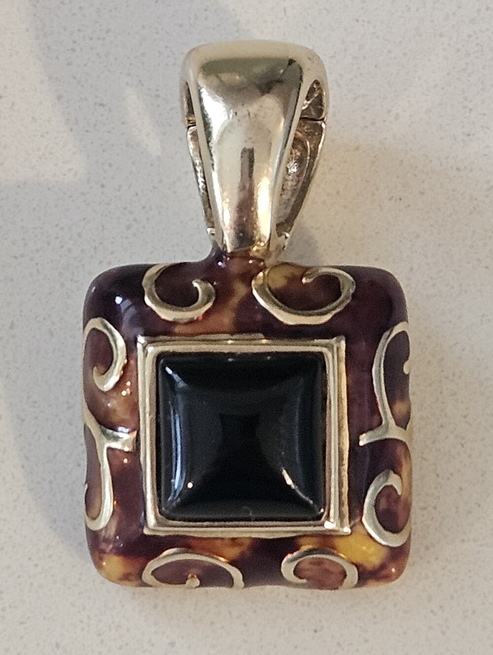 Vintage Teorema Italy Sterling Silver Enamel Onyx Enhancer Pendant Leopard Gold